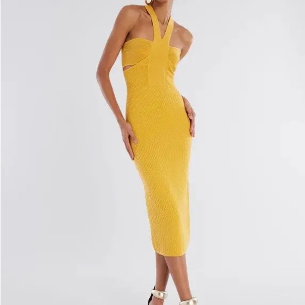 BCBG Elegant Yellow Cut Out Halter Ribbed Knit Midi Dress
